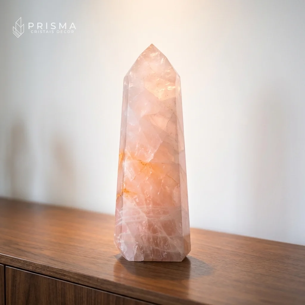 Ponta de Quartzo Rosa 37cm — cristal gerador em rosa translúcido, presença elegante em decoração de alto padrão