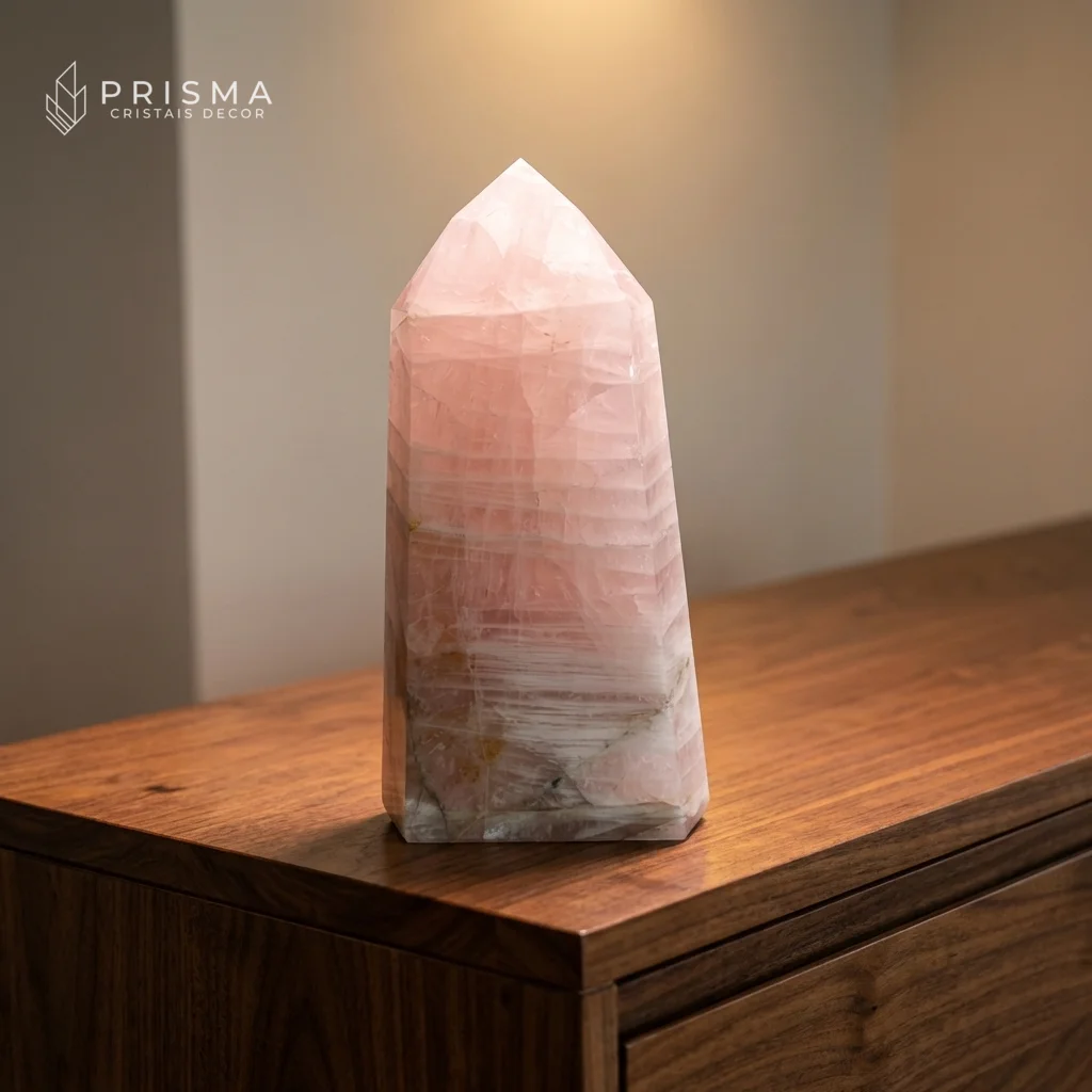 Ponta de Quartzo Rosa 41cm — cristal predominantemente branco com estrias de crescimento horizontais, base monumental de 11cm