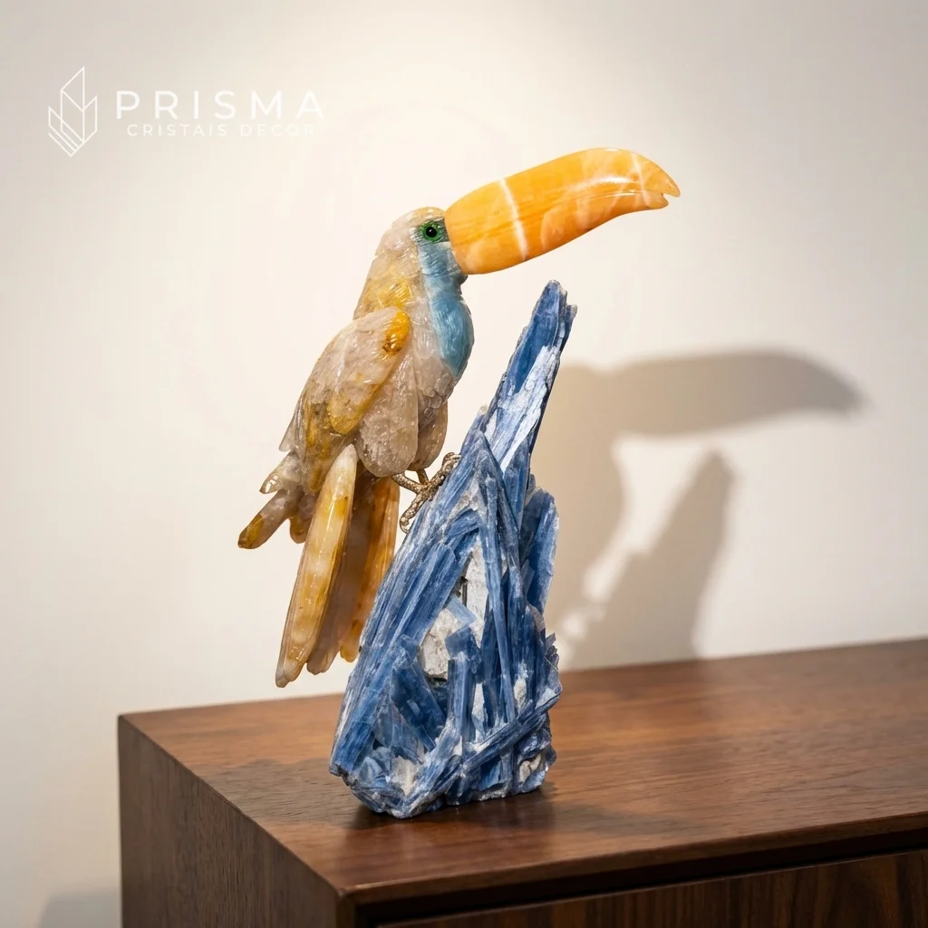 Tucano esculpido em quartzo ematoide dourado com cianita azul — escultura em cinco minerais naturais decoração alto padrão Nova Lima