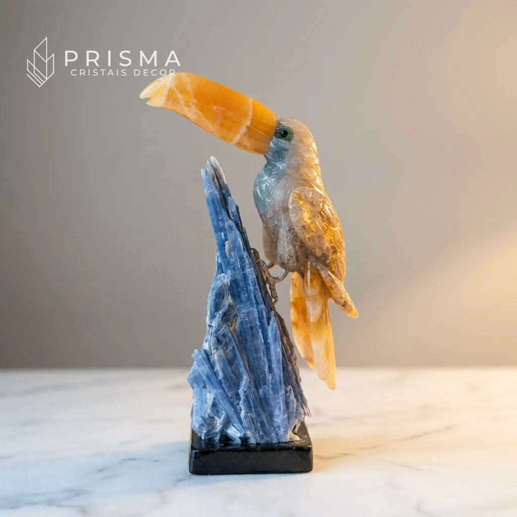Vista lateral do Tucano em Cristal Ematoide Dourado destacando o bico em calcita laranja mexicana sobre mármore branco