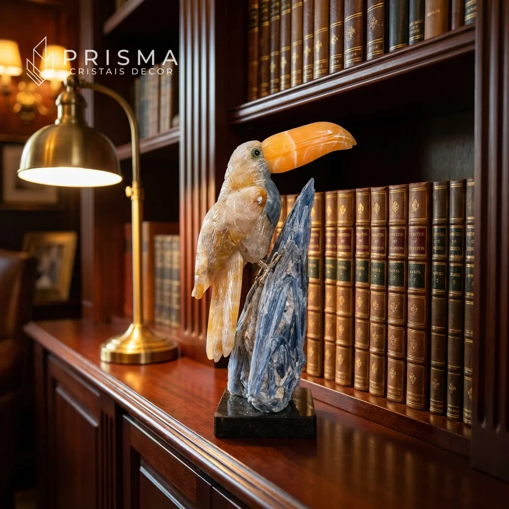 Tucano em cinco minerais naturais posicionado em biblioteca sofisticada com abajur de latão dourado