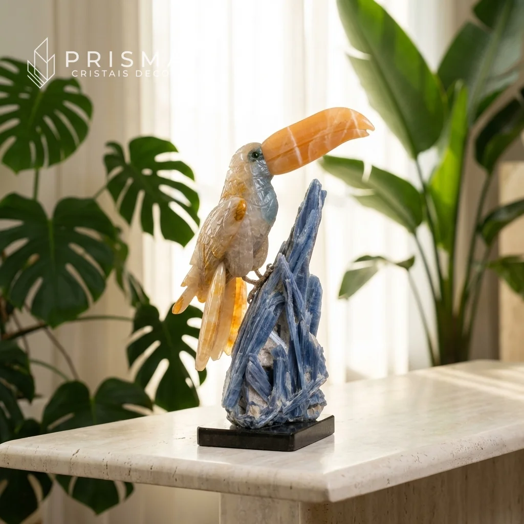 Escultura de Tucano em cristal multimineral sobre console de travertino com plantas tropicais — decoração biofílica de luxo